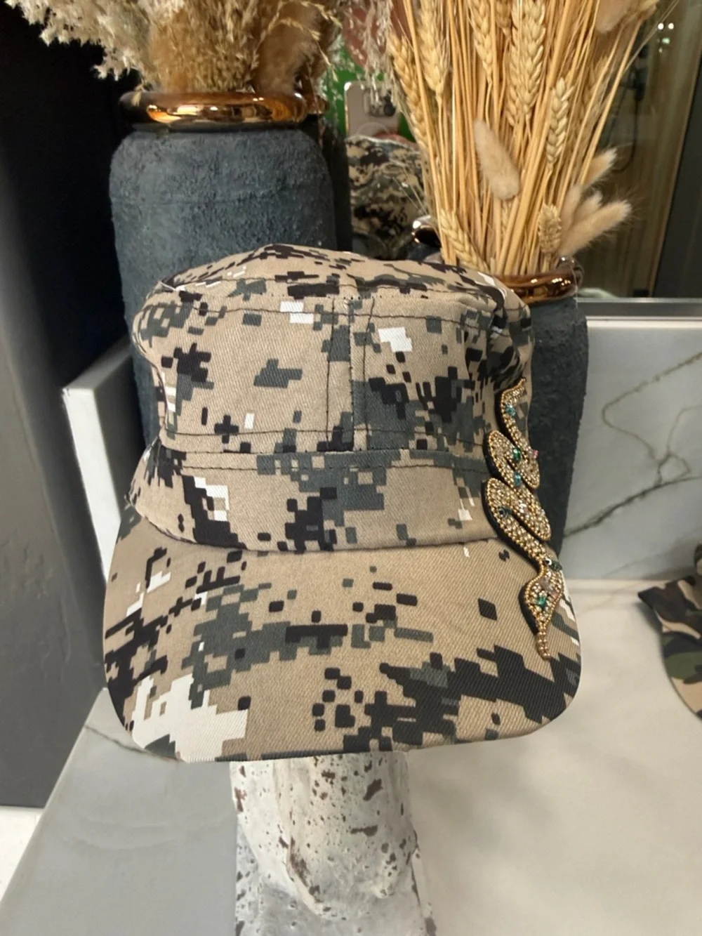 Sequined Snake Embellished Military Camo Cap - Tan & Black - Picture 2 of 5